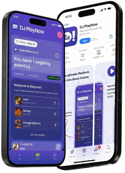DJ PlayNow mobile app screen showing event management